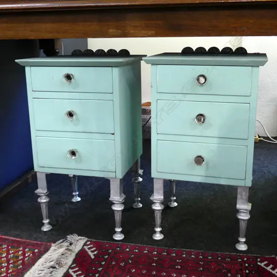 PR  GREEN PAINTED RIMU BED SIDE TABLES WITH METAL DECORATIVE LEGS