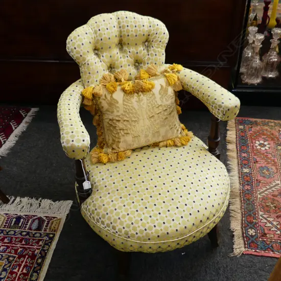 UPHOLSTERED VICTORIAN TUB CHAIR + TASSELED CUSHION