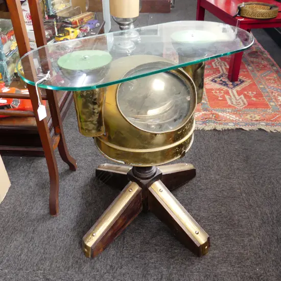 LG BRASS SHIPS COMPASS WITH GLASS TABLE TOP,  720 X 360mm