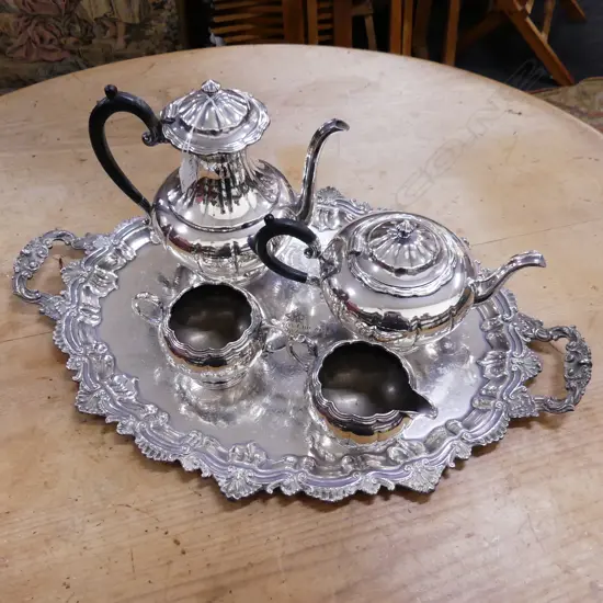 4 PCE SILVER PLATE TEA SET + LG TRAY 620x420mm