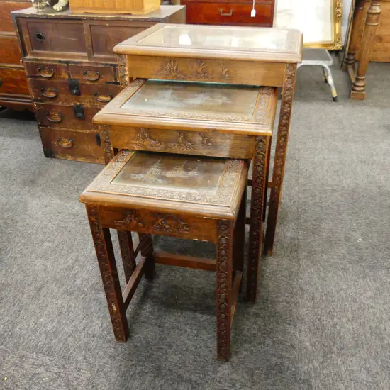 3 CARVED ORIENTAL NESTING TABLES 505x365x660mm