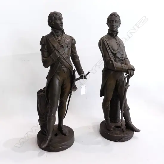 PAIR HANDSOME BRONZED SPELTER ‘WATERLOO’ ‘TRAFALGAR’ STATUES INSCRIPTIONS TO REAR H.440mm minor faults
