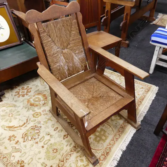 OAK ARTS & CRAFTS ARCHAIR w. WOVEN RUSH PANELS 640x700x940mm