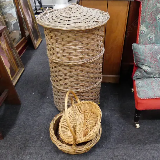LG WOVEN CANE LIDDED LAUNDRY BASKET H.900mm + 2 BASKETS