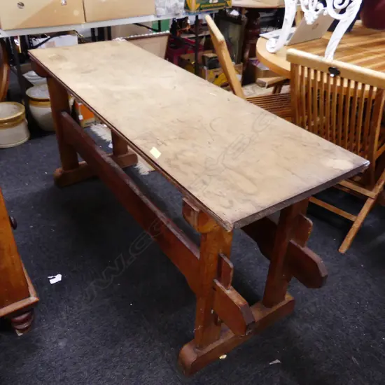 VINTAGE KAURI TABLE w. PEGGED DOUBLE STRETCHERS, TOP NOT ATTACHED 1580x530x760mm