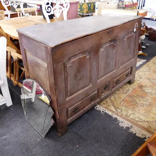 GEORGE III OAK MULE CHEST; 3 PANELS, 3 DRAWERS 1480x580x980mm - LATER TOP