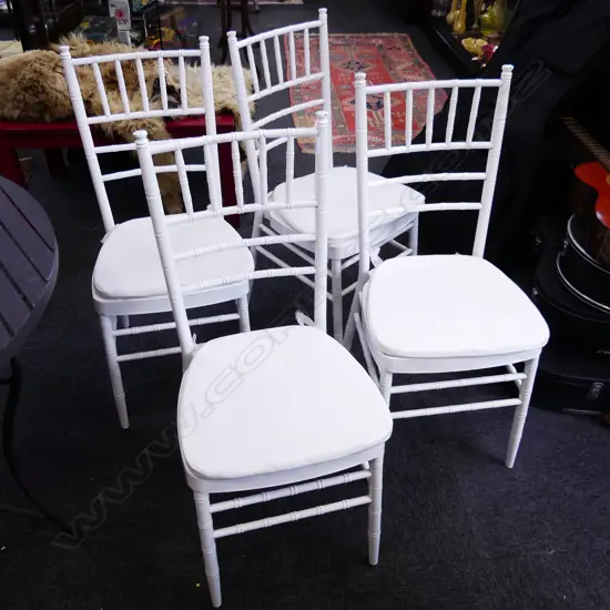 4 WHITE METAL FAUX BAMBOO CHIAVARI CHAIRS w. 4 CUSHIONS