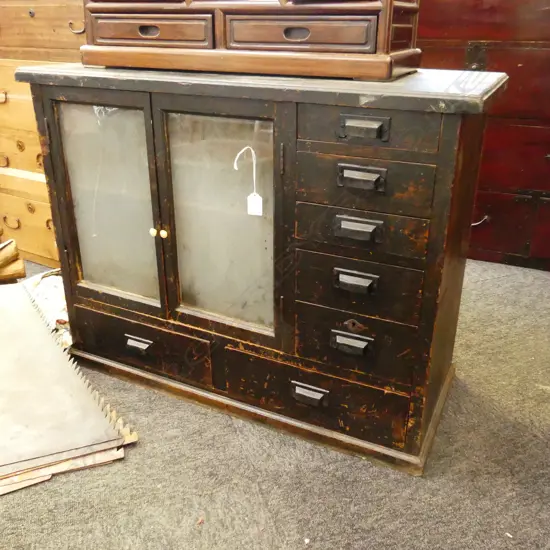 OLD JAPANESE SMALL TANSU/BEDSIDE CABINET 7 drawer + 2 obscure glazed doors  H.610mm