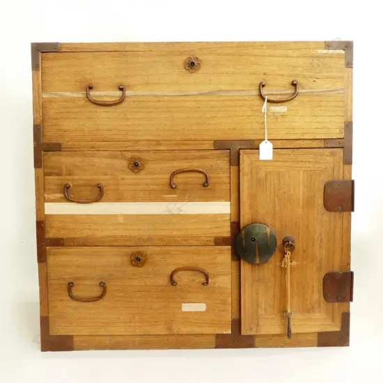 OLD JAPANESE SMALL TANSU/BEDSIDE CABINET 7 drawer 1 door bronze handles  H.590mm