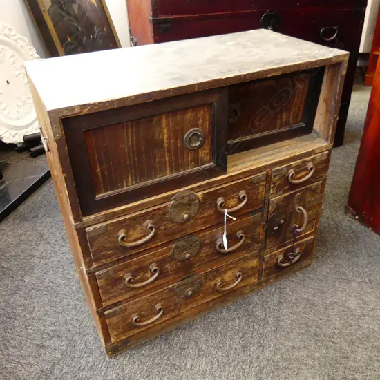 19thC JAPANESE SMALL TANSU/BEDSIDE CABINET 7 drawer 3 door H.635mm