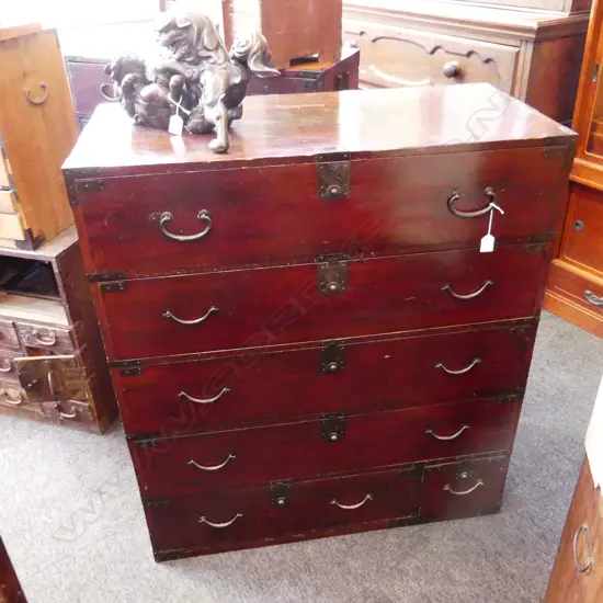JAPANESE TANSU CHEST 5 DRAWER original dark red finish H.1035mm