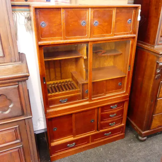 20thC KEYAKI WOOD DISPLAY CABINET H1550mm 10 doors 6 drawers