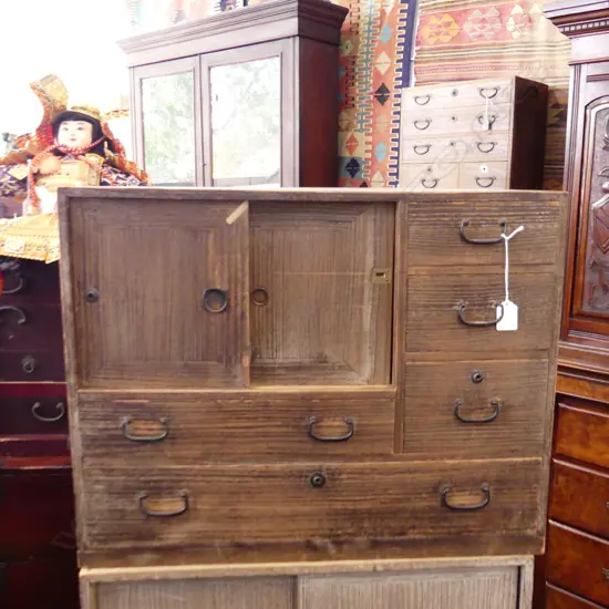 OLD JAPANESE SMALL TANSU/BEDSIDE CABINET 5 drawer 2 door H.480mm