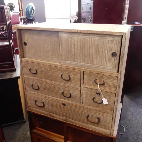 OLD JAPANESE SMALL limed finish TANSU/BEDSIDE CABINET 5 drawer pr doors H.440mm