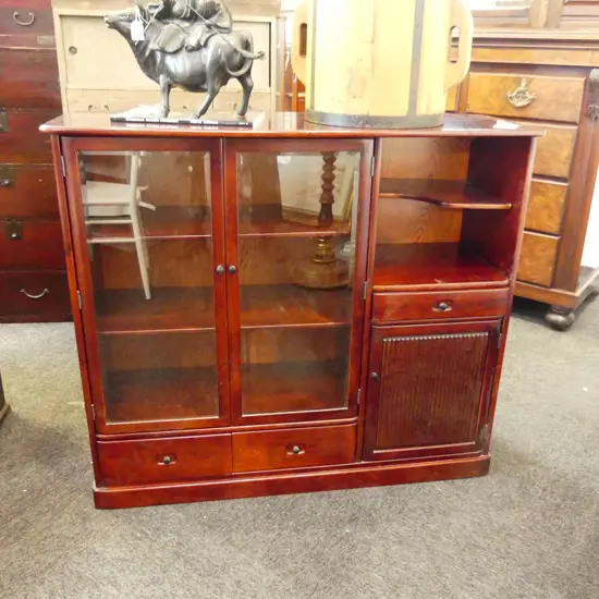 OLD JAPANESE DIPLAY CABINET red / brown hardwood pr glazed doors etc. H.900mm.