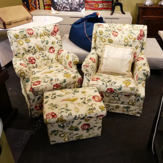 PR UPHOLSTERED ARMCHAIRS + MATCHING OTTOMAN 