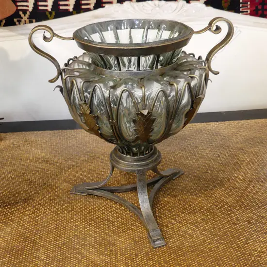 FRENCH STYLE METAL & GLASS VASE H. 360 DIA. 360mm (WITH HANDLES)