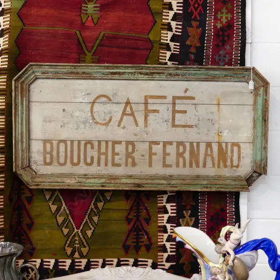 VINTAGE PAINTED WOODEN SIGN 'CAFE BOUCHER - FERNAND' 550x1120mm