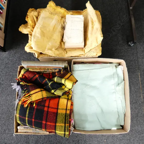 3 BOXES; WOOLLEN BLANKETS, VINTAGE HATS, FABRIC, BOOKS ETC