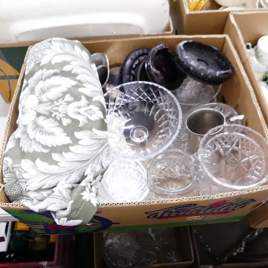 BIG BOX LOT ASST CRYSTAL, ORIENTAL WOODEN STANDS, LINEN, SILVER PLATE EPERGNE ETC..