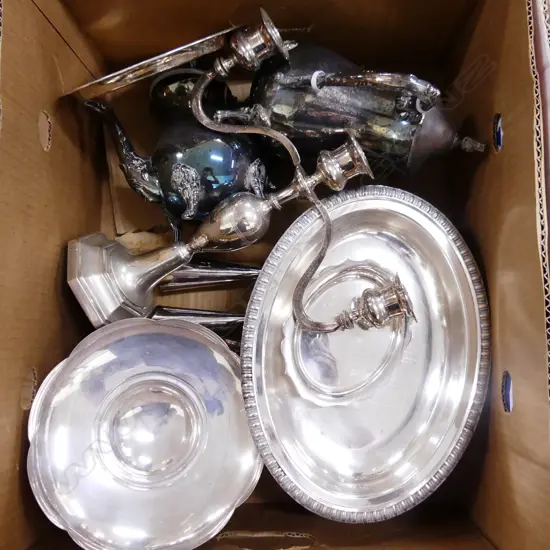 BOX ASST SILVER PLATE INCL CANDELABRA, VASES, SERVING DISHES ETC..