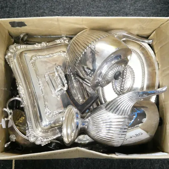 BOX SILVER PLATE. INCLUDES TWO TRAYS RELATING TO JUSTICE HARDY BOYS.