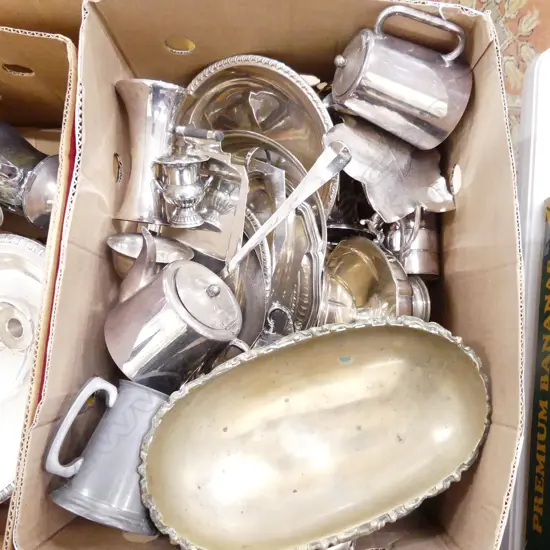 BOX ASST SILVER PLATE INCL VASES, DISHES ETC.,