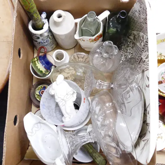 BOX LOT ASST. VINTAGE CERAMICS, 2 GLASS COMPORTS ETC