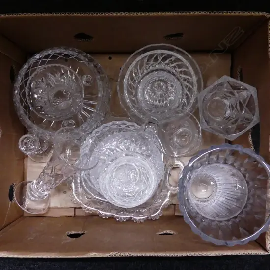 BIG BOX LOT ASST CRYSTAL & GLASS; BOWLS, VASES ETC..