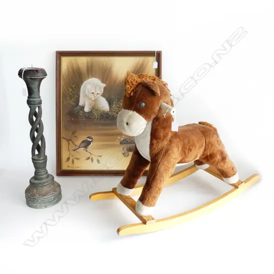 CHILDS ROCKING HORSE L730MM BARLEY TWIST TALL CANDLESTICK H600MM & OIL CAT HUNTS DUCK  H680MM W560MM