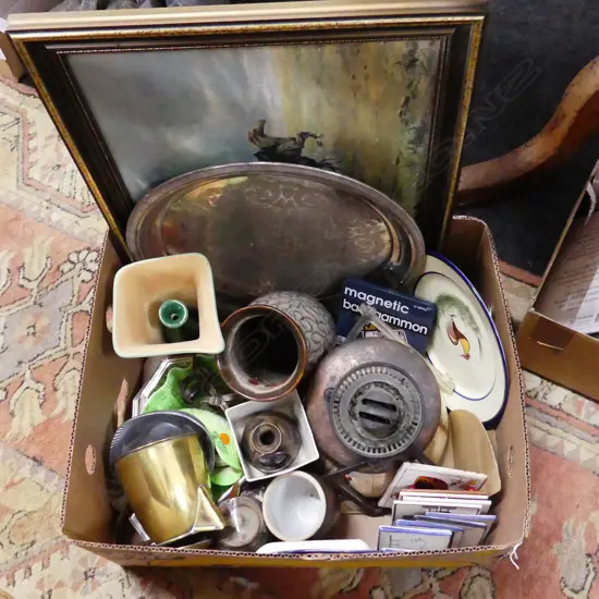 BOX LOT ASST.; HORSES PRINT, KERO LANTERN, CERAMICS ETC