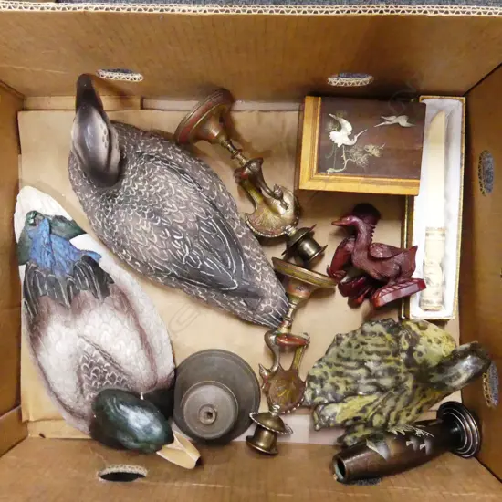 BOX LOT DUCKS, PR PEACOCK CANDLESTICKS, ETC