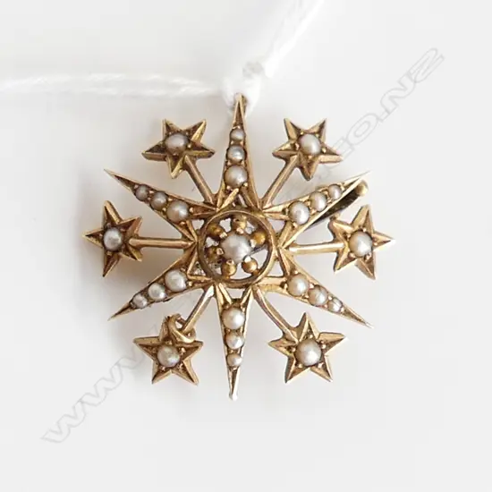 15CT EDWARDIAN SEED PEARL STAR PENDANT / BROOCH 3.2 GRAMS