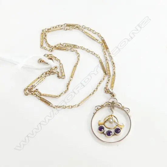 EDWARDIAN C1900 9CT GOLD & AMETHYST PENDANT NECKLACE 5.4gms