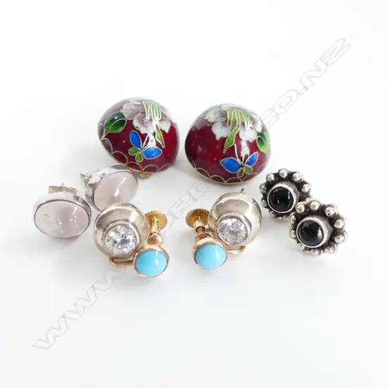 5 PRS EARRINGS; 3x SILVER, CLOISONNE, GOLD?