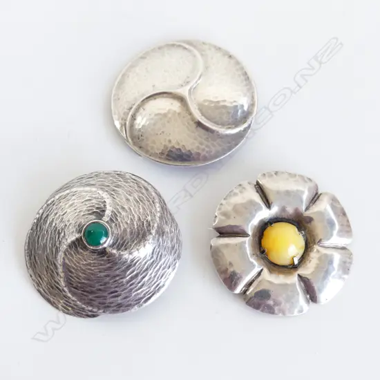 3 ARTS & CRAFTS SILVER CIRCULAR BROOCHES 50mm dia 42 grams