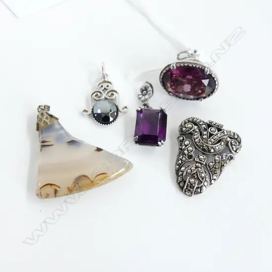 3 PENDANTS, MARCASITE PENDANT / CLIP & SILVER FOB SET w. AMETHYST?