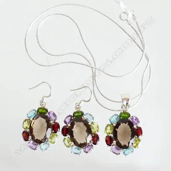3 PC SET - GEMSTONES & 925 SILVER SET PENDANT & CHAIN WITH PR DROP EARRINGS 