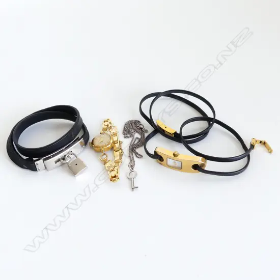 2 LADIES WRIST WATCHES; GUCCI & OTHER + OROTON LEATHER BRACELET w. LOCK & KEY