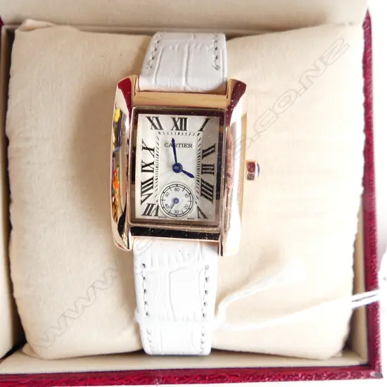 FAUX CARTIER DESIGNER WATCH, WHITE LEATHER STRAP, IN BOX