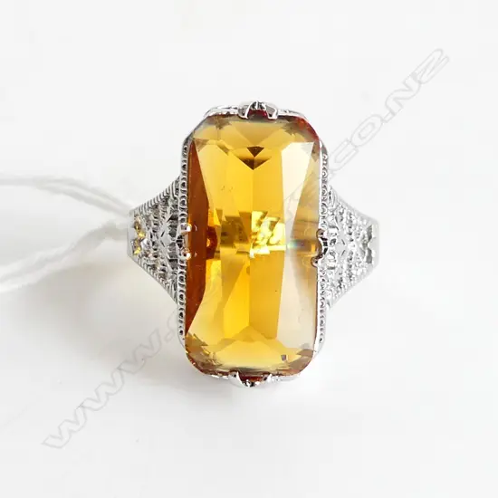 VINTAGE STYLE CITRINE & 925 SILVER PLATED COSTUME JEWELLERY DRESS RING