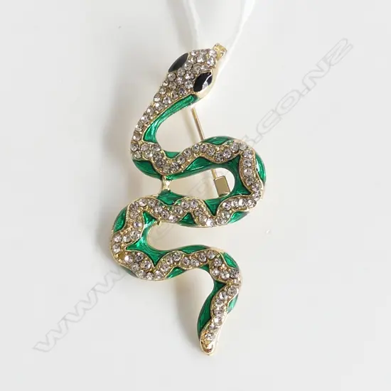 ENAMEL & FAUX DIAMOND GOLD GILT SNAKE BROOCH