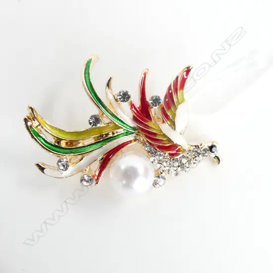 ENAMEL, FAUX PEARL & DIAMANTE EXOTIC BIRD BROOCH
