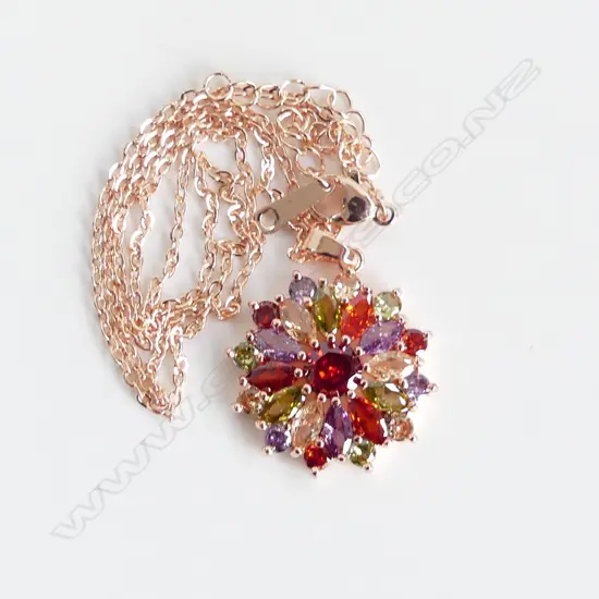 ROSE GOLD PLATED FAUX MULTI GEM SET PENDANT & CHAIN