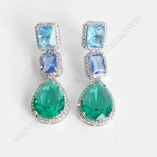 PR 18K WHITE GOLD PLATED ON SILVER TRIPLE ZIRCON DROP COSTUME JEWELLERY EARRINGS