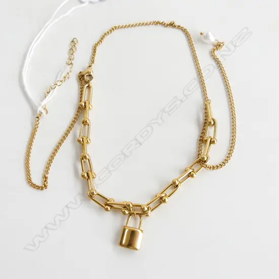 GOLD GILT CHAIN WITH LOVE LOCK & PEARL TASSLE