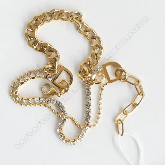 GOLD GILT 3 STRAND CURB LINK DIAMANTE & BEAD BRACELET