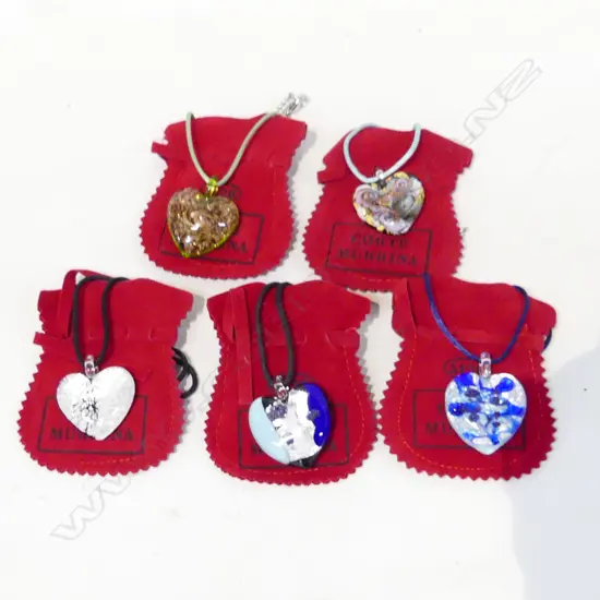 5 MURANO GLASS HEART PENDANT NECKLACES W.30mm