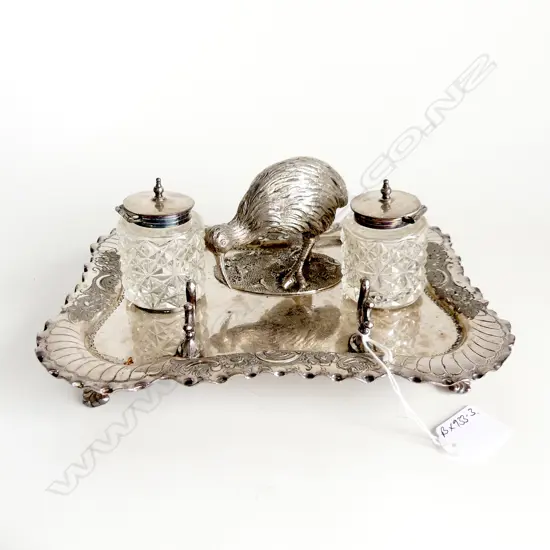 VICTORIAN SILVER PLATE KIWI INKWELL 2 BOTTLES W.230mm