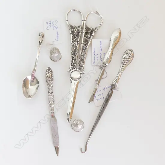 5 PCES STG SILVER & E .P SCISSORS; 3 TOOLS, TEASPOON, 2 THIMBLES+ EP